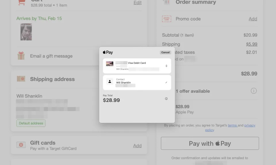 Screenshot of an Apple Pay checkout confirmation at Target's website. An Apple Pay overlay prompts the user to confirm using Touch ID. Behind is the checkout screen.