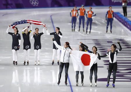 Speed Skating - Pyeongchang 2018 Winter Olympics - Women's Team Pursuit Competition Finals - Gangneung Oval - Gangneung, South Korea - February 21, 2018. Miho Takagi, Ayaka Kikuchi, Ayano Sato and Nana Takagi of Japan celebrate winning gold. REUTERS/Damir Sagolj