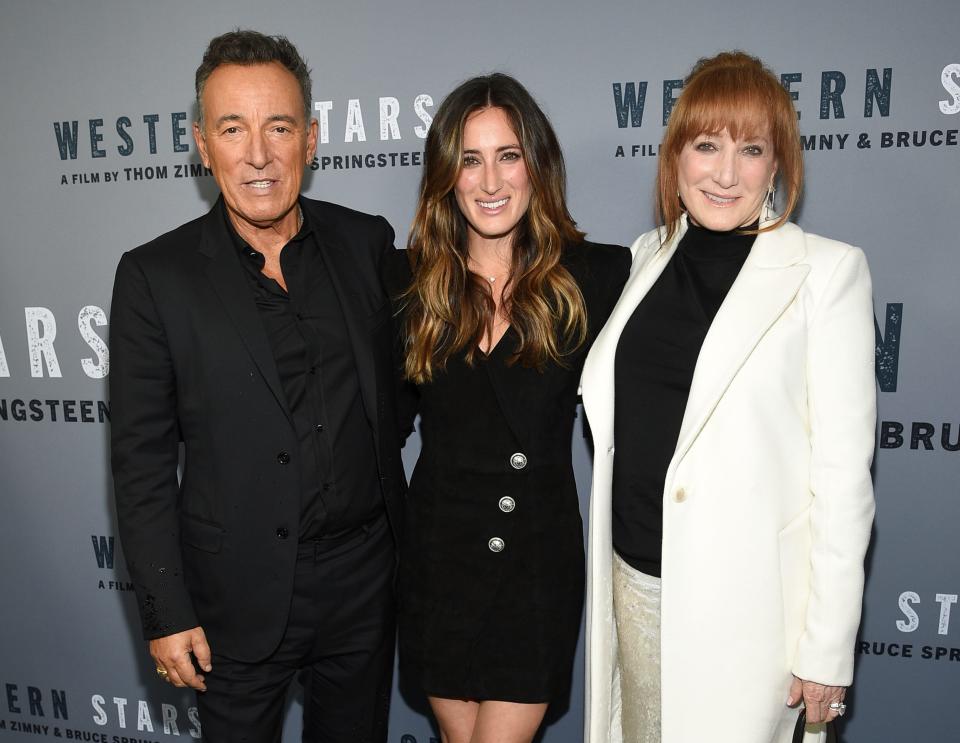 Singer-songwriter and co-director Bruce Springsteen, left, daughter Jessica Springsteen and wife Patti Scialfa attend the special screening of "Western Stars" at Metrograph on Wednesday, Oct. 16, 2019, in New York. (Photo by Evan Agostini/Invision/AP) ORG XMIT: NYEA103
