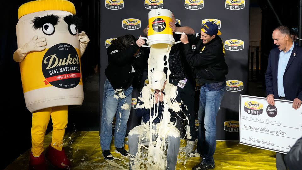 West Virginia Mountaineers head coach Neal Brown gets covered in mayonnaise after winning the 2023 Duke's Mayo Bowl. - Bob Donnan/USA Today Sports/Reuters