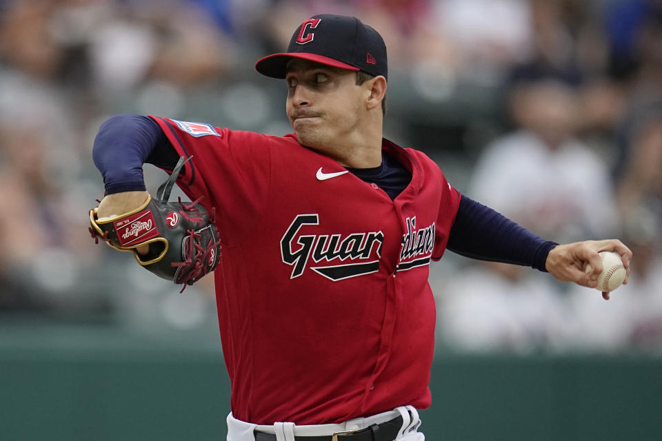 Cleveland Guardians' Logan Allen pitches during the first inning of the team's baseball game against the Toronto Blue Jays on Wednesday, Aug. 9, 2023, in Cleveland. (AP Photo/Sue Ogrocki)