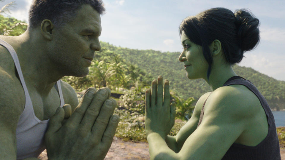 She-Hulk features Tatiana Maslany as the title character, with Mark Ruffalo as her equally green-hued cousin. (Marvel/Disney)