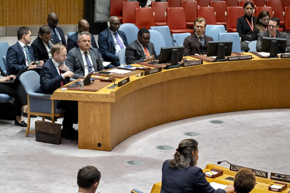 Ukrainian Ambassador to the United Nations Sergiy Kyslytsya, left, listens as a member addresses a meeting of the U.N. Security Council as the war in Ukraine and recent attacks by Russia were discussed Monday, Oct. 9, 2023, at United Nations headquarters. (AP Photo/Craig Ruttle)