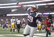 <p>Patriots LeGarrette Blount celebrates his touchdown in the third quarter. The New England Patriots host the Pittsburgh Steelers in the AFC Championship game at Gillette Stadium in Foxborough, Mass., on Jan. 22, 2017. (Photo by Matthew J. Lee/The Boston Globe via Getty Images) </p>