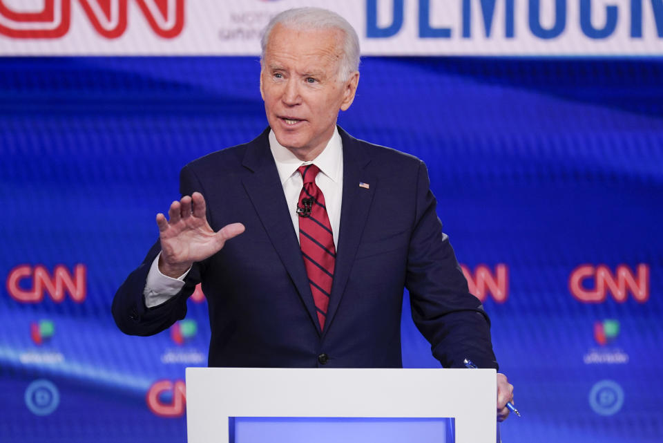 FILE - In this Sunday, March 15, 2020, file photo, former Vice President Joe Biden participates in a Democratic presidential primary debate at CNN Studios in Washington. Biden won Oregon’s Democratic presidential primary, outpacing Vermont Sen. Bernie Sanders and Massachusetts Sen. Elizabeth Warren, who both suspended their campaigns earlier in the year. (AP Photo/Evan Vucci, File)