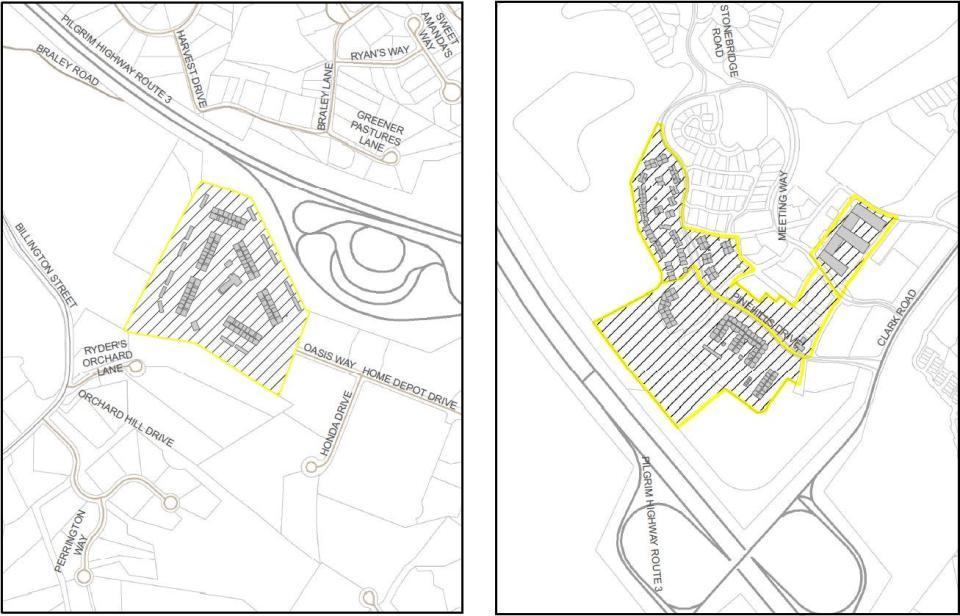 Outlined in yellow, two of Plymouth's four MBTA multifamily housing zoning overlay districts here cover The Oasis at Plymouth and multifamily developments near The Market off of Clark Road.