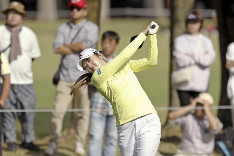 Japanese golfer Mone Inami hits a tee shot during the LPGA's Japan Classic on Sunday, Nov. 5, 2023 at the Taiheiyo Club in Omitama city, Ibaraki prefecture, north central Japan. Inami shot a 3-under 69 on Sunday to win the LPGA's Japan Classic by one shot over Seon Woo Bae of South Korea and Shiho Kuwaki of Japan. It was the first win on the LPGA Tour for the 24-year-old. (Kyodo News via AP)