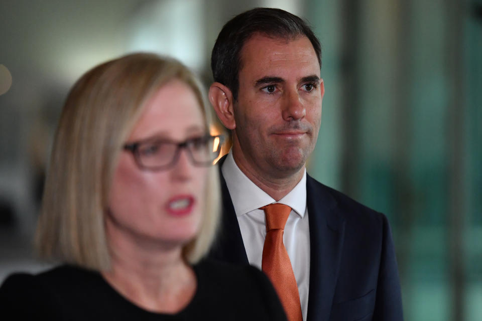 Finance Minister Katy Gallagher and Treasurer Jim Chalmers during a budget press conference.