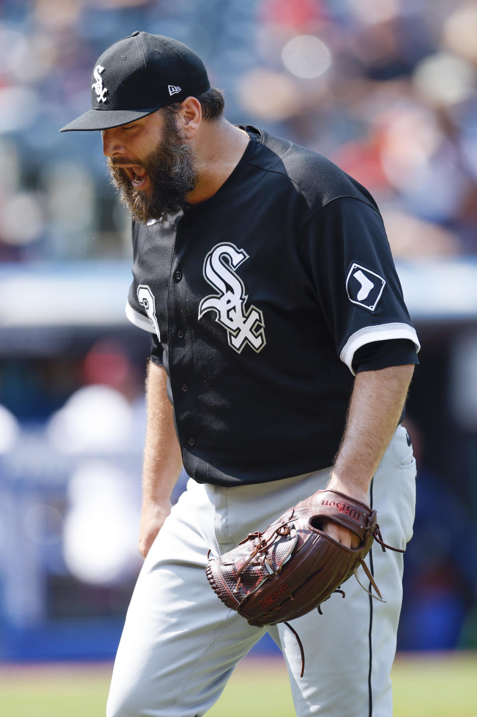 Chicago White Sox starting pitcher Lance Lynn reacts after getting the last out of the second inning against the Cleveland Guardians in a baseball game, Thursday, Sept. 15, 2022, in Cleveland. (AP Photo/Ron Schwane)