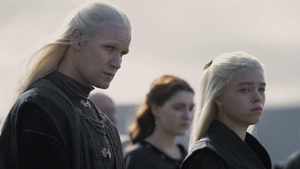 Matt Smith as Prince Daemon Targaryen and Milly Alcock as Princess Rhaenyrs Targaryen in "House of the Dragon" Episode 1 (HBO)