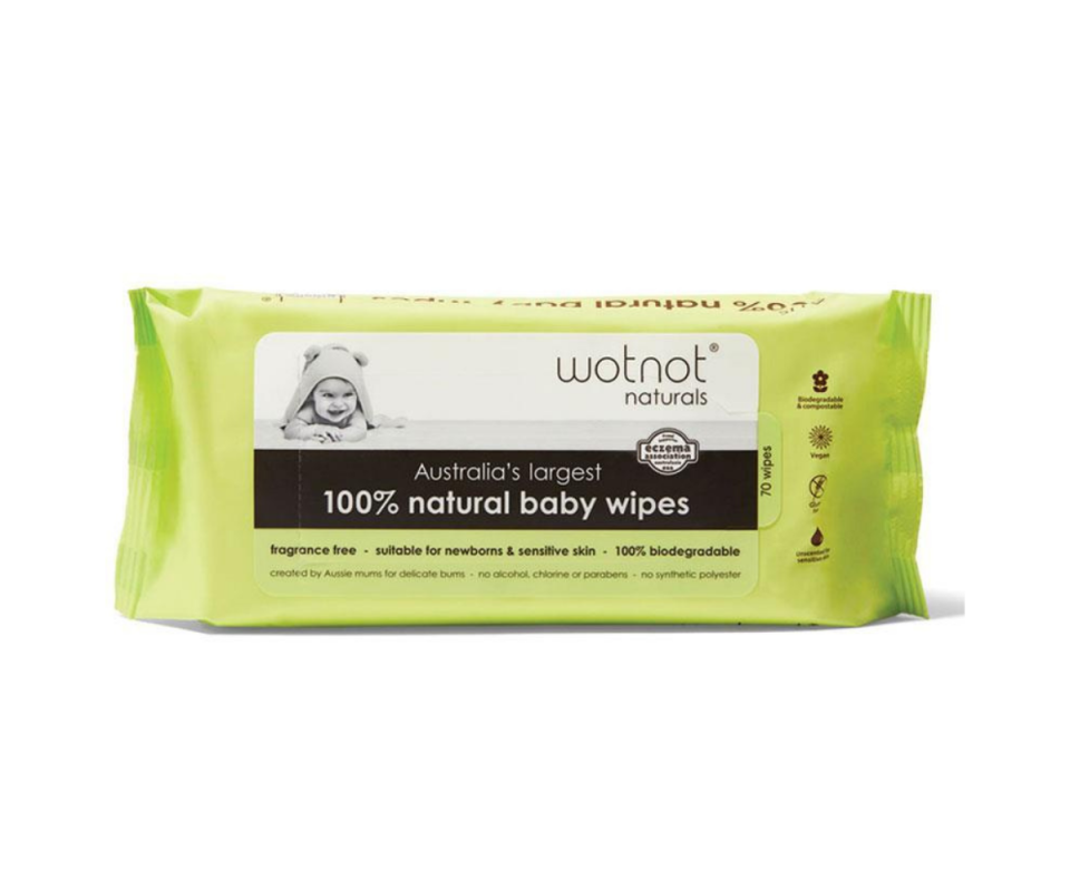 A packet of lime green Wotnot natural baby wipes on a white background.