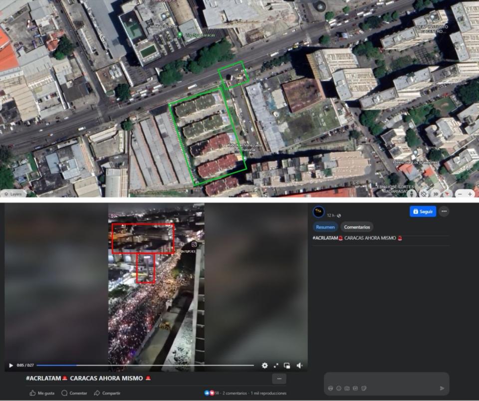 <span>Comparación entre capturas de pantalla de una publicación en Facebook (A) y una imagen en Google Earth, hecha el 30 de julio de 2024 </span>