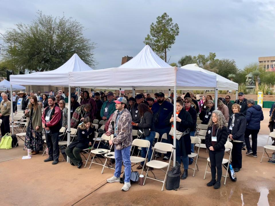 The crowd gathered for the Environment Day at the Arizona Capitol event on January 25, 2024 listen to speakers at Wesley Bolin Memorial Plaza.