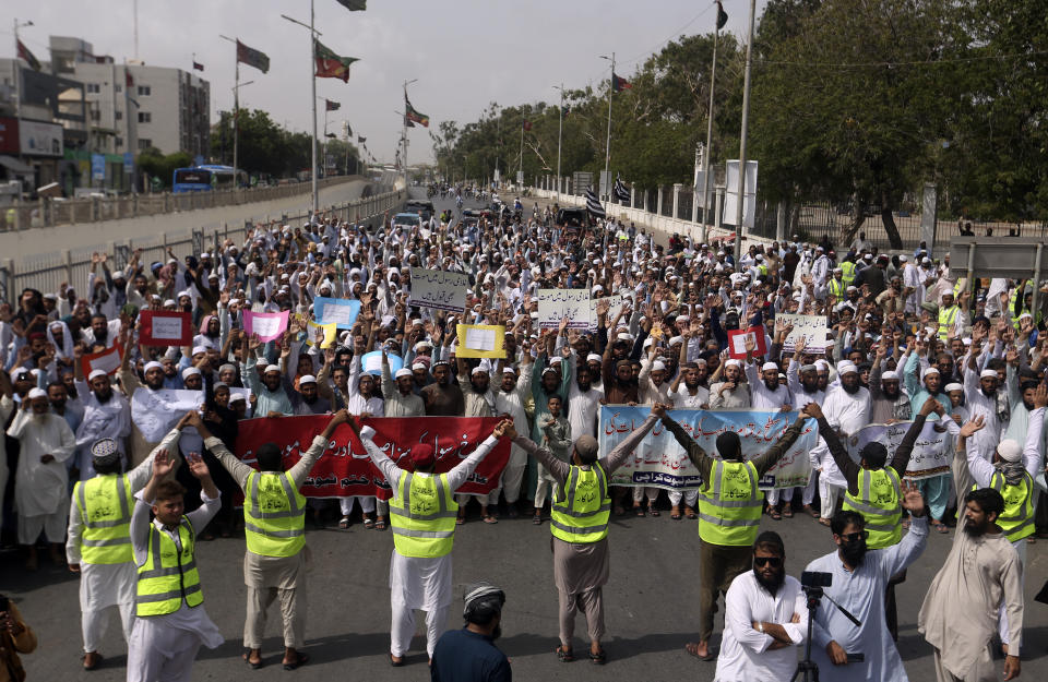 Supporters of a Pakistani religious group demonstrate to condemn derogatory references to Islam and the Prophet Muhammad recently made by Nupur Sharma, a spokesperson of the governing Indian Hindu nationalist party, Friday, June 10, 2022, in Karachi, Pakistan. (AP Photo/Fareed Khan)