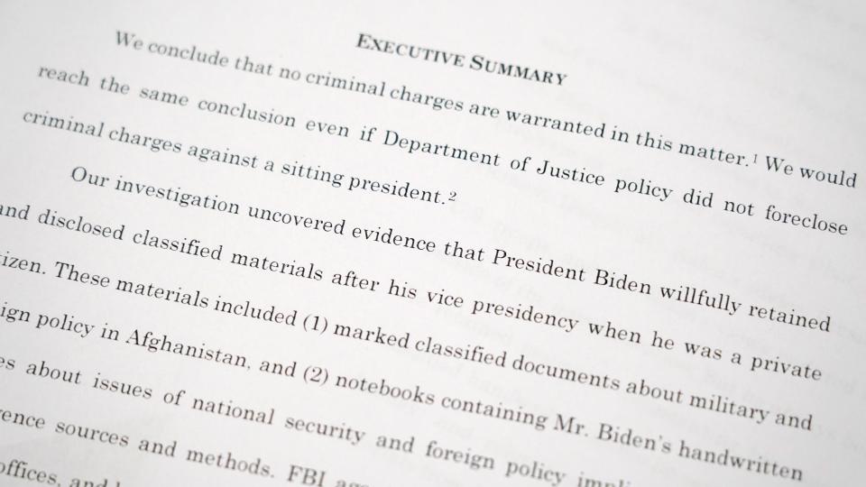 The Justice Department's report said President Biden's document practices "present serious risks to national security," and that Biden presented himself "as a sympathetic, well-meaning, elderly man with a poor memory."