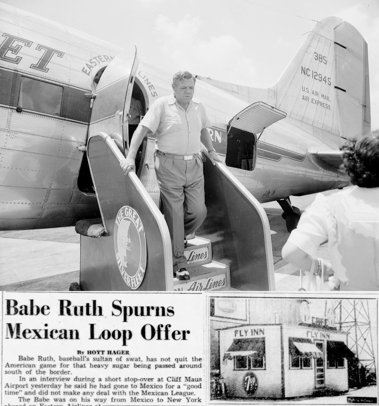 TOP: Babe Ruth steps off an Eastern Airlines plane at Cliff Maus Airport in Corpus Christi on May 31, 1946. Ruth was returning to New York after visiting the Mexican Baseball League in Mexico City. BOTTOM LEFT: An article from the June 1, 1946, Caller detailed Ruth's brief stop in Corpus Christi. BOTTOM RIGHT: The Fly Inn cafe at Cliff Maus Airport, where Ruth stopped for a Coke during his short visit.