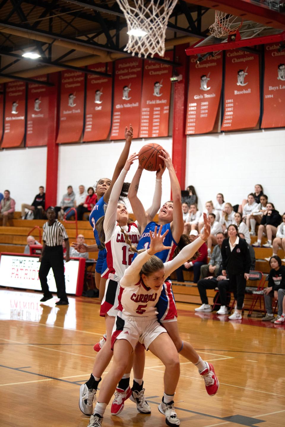 Neshaminy junior Lola Ibarrondo jumps for a rebound during a PIAA first-round state playoff game against Archbishop Carroll in March.