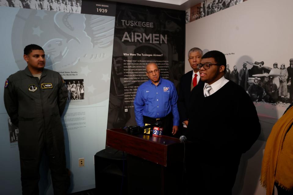 John Dilligard, 17, of Detroit, a member of the youth program of the Detroit Chapter of Tuskegee Airmen, talks about the program inside of the Tuskegee Airmen National Museum at the Charles H. Wright Museum of African American History in Detroit on Friday, March 10, 2023. Dilligard will be attending Liberty University in Virginia to study aeronautics and history. The Detroit Chapter of Tuskegee Airmen announced it had received a $500,000 FAA grant to train local students as pilots.
