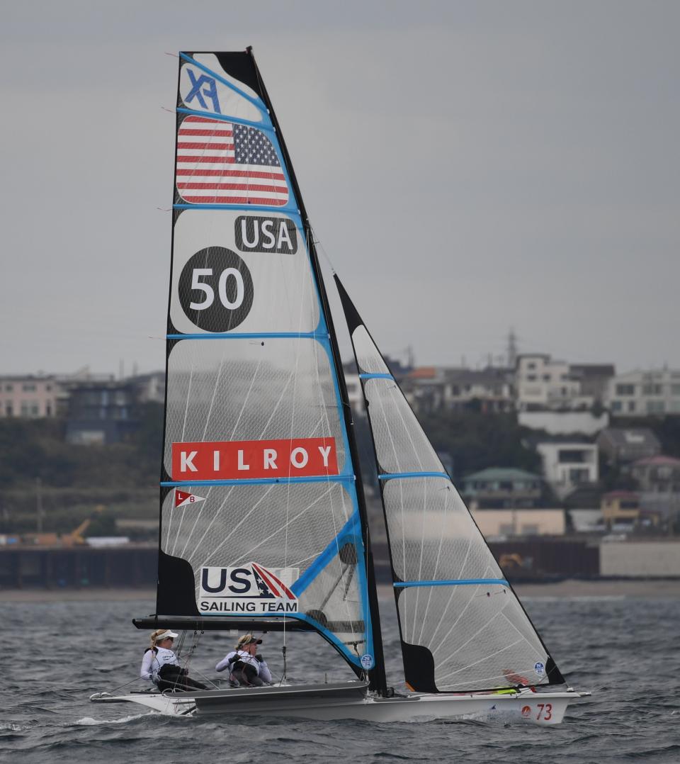 Stephanie Roble and Margaret Shea compete in round one of the 49er FX class women's yacht race during the sailing World Cup series, a test event of the Tokyo 2020 Olympic Games, in the waters off Enoshima island on September 12, 2018. (Photo by Toshifumi KITAMURA / AFP)        (Photo credit should read TOSHIFUMI KITAMURA/AFP via Getty Images)