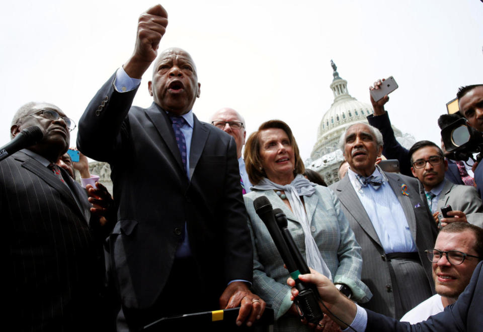 Democrats stage gun-control House sit-inalks to supporters along with House Democrats after their sit-in over gun-control law on Capitol Hill in Washington
