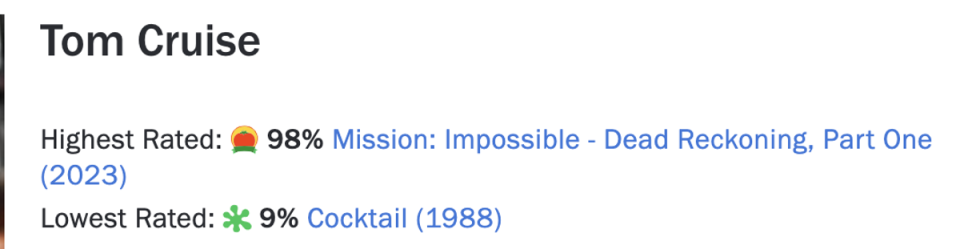 ‘Mission: Impossible – Dead Reckoning Part One’ is currently Tom Cruise’s highest-ranked film on Rotten Tomatoes (Rotten Tomatoes)