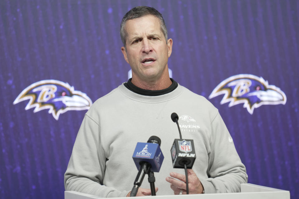 Baltimore Ravens head coach John Harbaugh responds to questions during news conference after an NFL football game against the Tennessee Titans, Sunday, Oct. 15, 2023, at the Tottenham Hotspur stadium in London. (AP Photo/Kin Cheung)