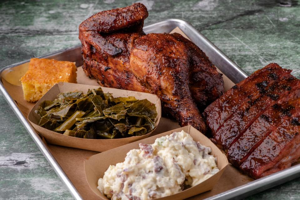 Two meat [latter - ribs, chicken with collard greens and potato salad at Local  Smoke