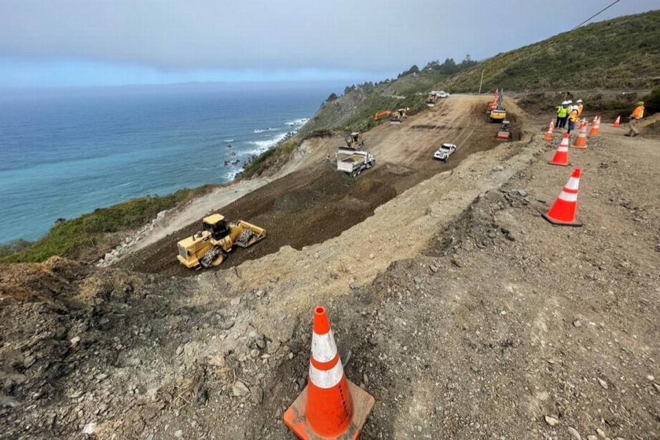 Highway 1 is expected to reopen at Gilbert’s Slide, seen here on April 29, 2023, by mid-July, according to Caltrans.