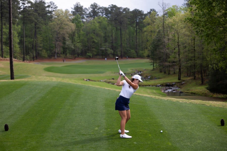 Megan Schofill of the United States plays her stroke from the No. 15 tee during round one of the Augusta National Women’s Amateur at Champions Retreat Golf Club, Wednesday, April 3, 2024.