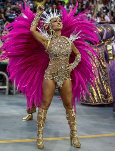 Brazilian celebrity Sabrina Sato of 'Gavioes da Fiel' samba school performs early Sunday during the second night of carnival in Sao Paulo