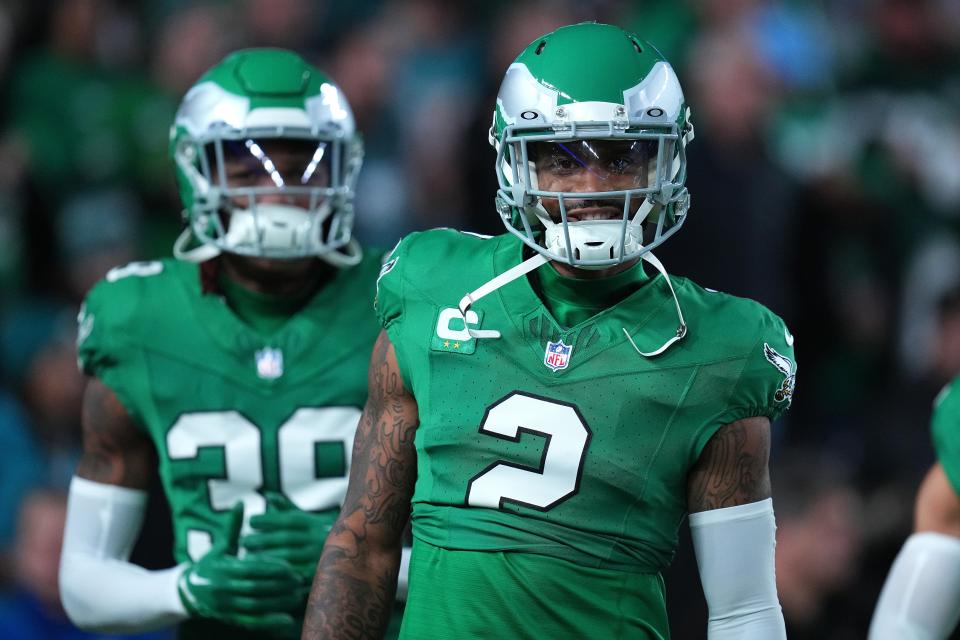 Darius Slay #2 of the Philadelphia Eagles looks on prior to a game against the Miami Dolphins at Lincoln Financial Field on October 22, 2023 in Philadelphia, Pennsylvania.