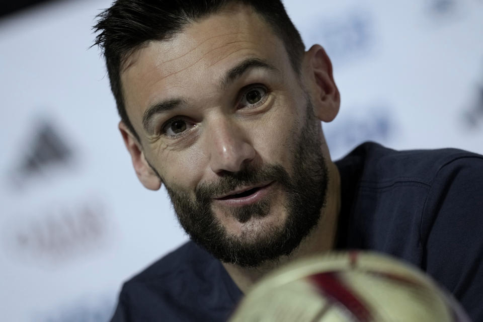 France's goalkeeper Hugo Lloris answers questions during a press conference in Doha, Qatar, Saturday, Dec. 17, 2022 on the eve of the World Cup final soccer match between France and Argentina. (AP Photo/Christophe Ena)