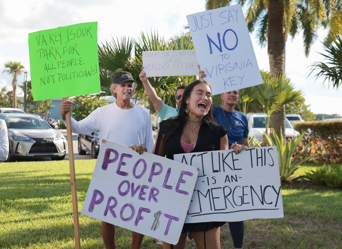 Demonstrators during a rally at Miami City Hall in Coconut Grove. The Virginia Key Outdoor Center, the Miami Coalition to Advance Racial Equity, Decrim305 and others gathered in September to protest the city commission’s proposal to move homeless people to an encampment on the key.
