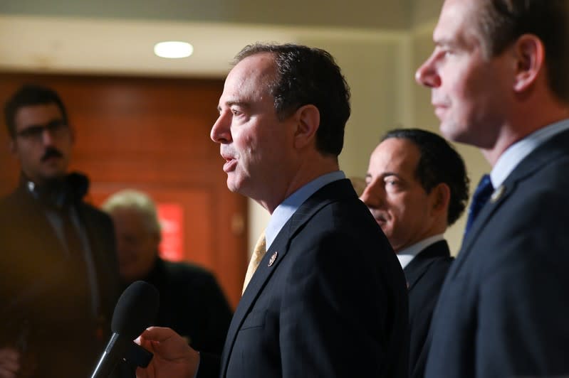 U.S. House Intelligence Committee Chair Schiff speaks to reporters during a break in a closed-door impeachment inquiry into U.S. President Trump on Capitol Hill in Washington