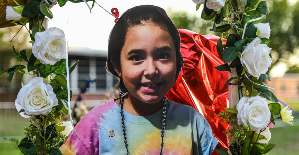 A photo of Alithia Ramirez, 10, who died in the mass shooting, was placed at a makeshift memorial at Robb Elementary School in Uvalde, Texas, on May 30, 2022.  (Chandan Khanna / AFP via Getty Images)