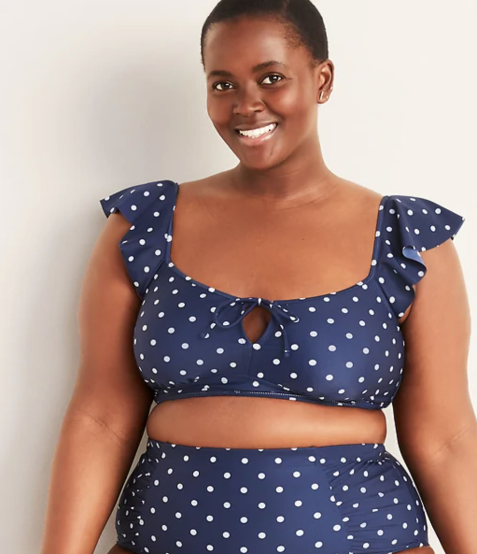 Polka-Dot Flutter-Sleeve Plus-Size Tie-Front Swim Top