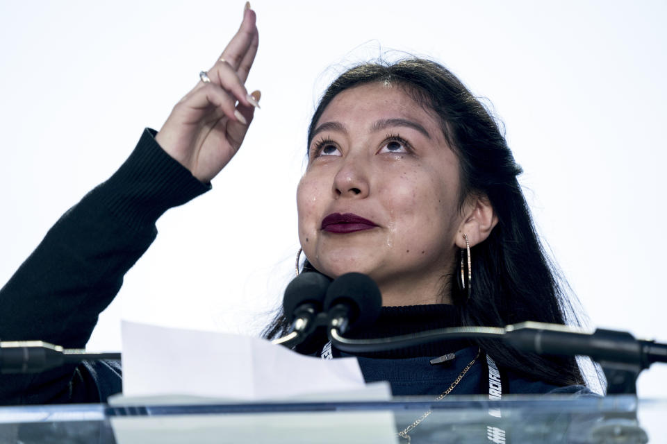 <p>Edna Chavez, of Manual Arts High, south of downtown Los Angeles, blows a kiss as she speaks during the’March for Our Lives’ rally in support of gun control in Washington, Saturday, March 24, 2018. (AP Photo/Andrew Harnik) </p>