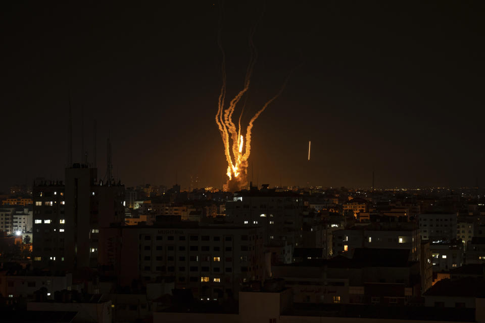 Rockets are launched from the Gaza Strip towards Israel, in Gaza, Wednesday, May 10, 2023. (AP Photo/Fatima Shbair)