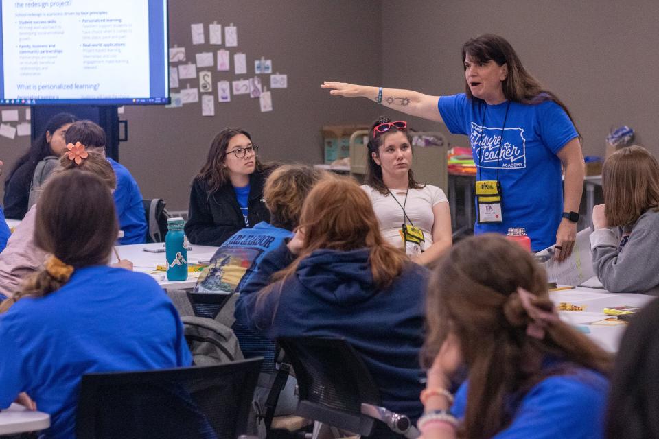 Amy Hillman, a 2020 Kansas Teacher of the Year, leads students through an exercise on rethinking the future of education.