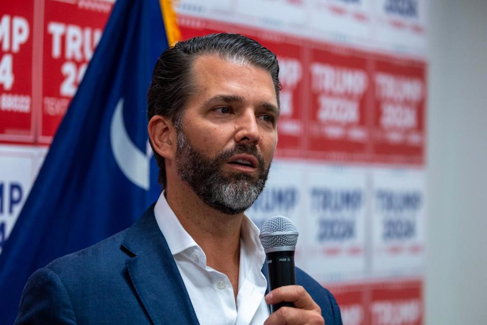 PHOTO: Donald Trump Jr. speaks to supporters at a rally for his father, Republican Presidential candidate, former U.S. President Donald Trump on Feb. 23, 2024 in Charleston, S.C. (Tasos Katopodis/Getty Images)