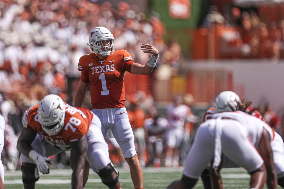 Hudson Card is in the middle of a tight battle with newcomer Quinn Ewers for the starting quarterback job at Texas. Both have struggled lately though coach Steve Sarkisian remains optimistic entering the Sept. 3 season opener against Louisiana Monroe.