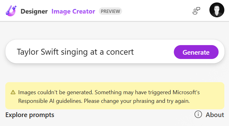Microsoft AI disallowing generated images of celebrities.