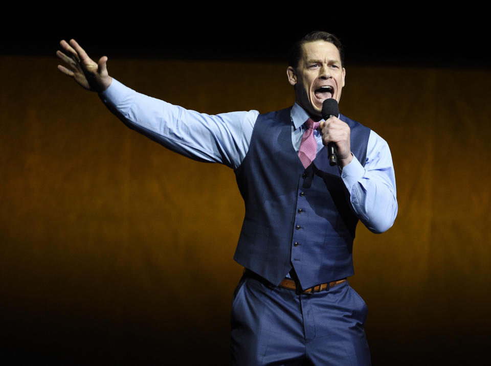 John Cena, a cast member in the upcoming film &quot;Playing with Fire,&quot; addresses the audience during the Paramount Pictures presentation at CinemaCon 2019, the official convention of the National Association of Theatre Owners (NATO) at Caesars Palace, Thursday, April 4, 2019, in Las Vegas. (Photo by Chris Pizzello/Invision/AP)