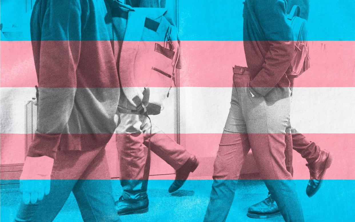 A graphic showing school pupils superimposed on a transgender pride flag