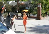 Members of the media gather outside the home of Brad Pitt and Angelina Jolia in Los Feliz on September 20, 2016