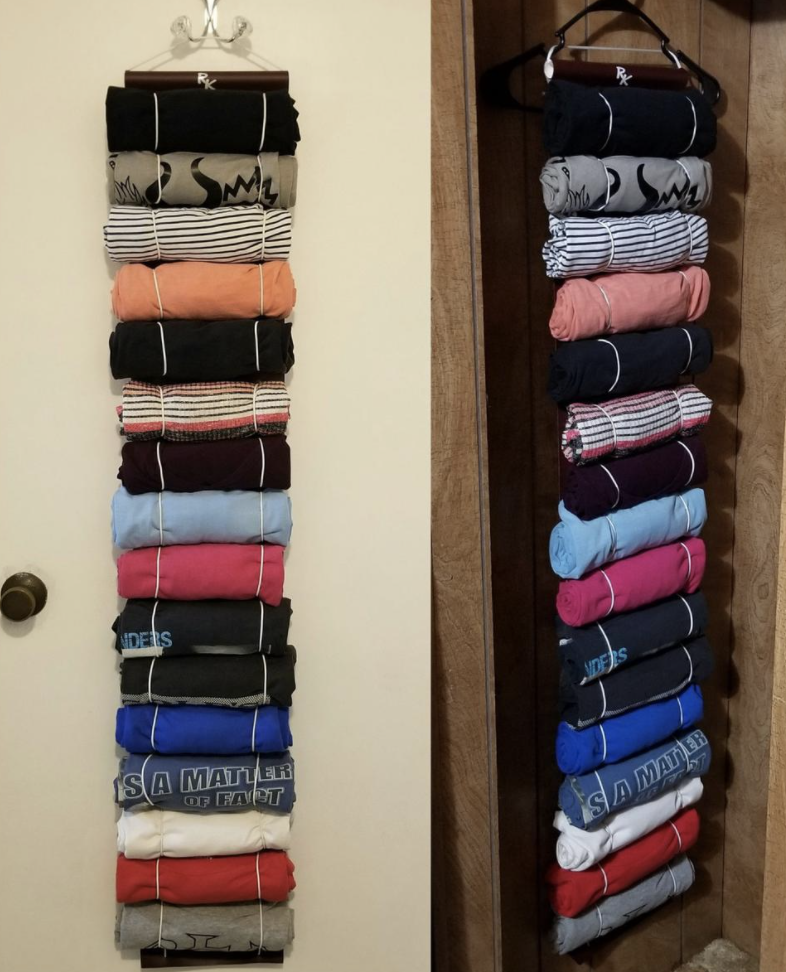 two photos of the closet organizer being used to neatly organize t-shirts 