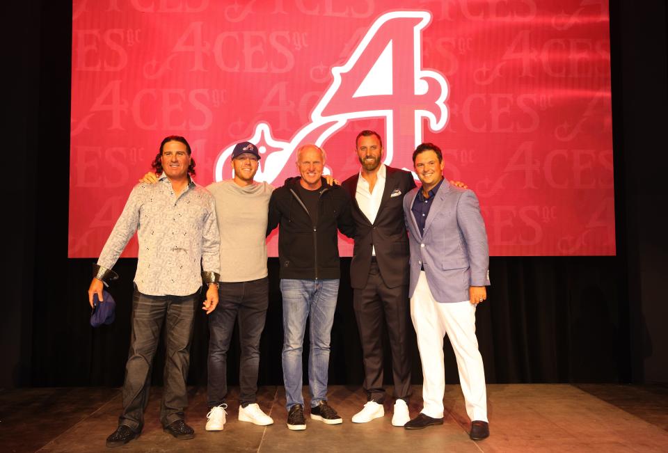 PORTLAND, OREGON - JUNE 28: Pat Perez, Talor Gooch, Greg Norman, CEO and commissioner of LIV Golf, Team Captain Dustin Johnson and Patrick Reed of 4 Aces GC smile during the LIV Golf Invitational - Portland Welcome Party at Redd on June 28, 2022 in Portland, Oregon. (Photo by Chris Trotman/LIV Golf via Getty Images)