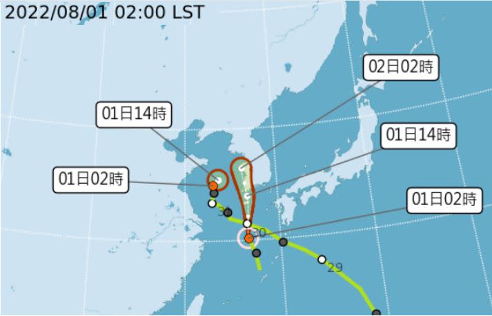 1日2時中央氣象局「路徑潛勢預測圖」顯示，「桑達」在黃海已減弱為熱帶低壓；另一輕颱「翠絲」向北快速前進，今晚侵襲韓國。