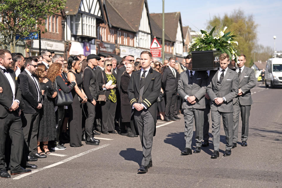 The coffin of The Wanted star Tom Parker is carried ahead of his funeral in Queensway, Petts Wood, in south-east London, following his death at the age of 33 last month, 17 months after being diagnosed with an inoperable brain tumour. Picture date: Wednesday April 20, 2022. (Photo by Kirsty O'Connor/PA Images via Getty Images)