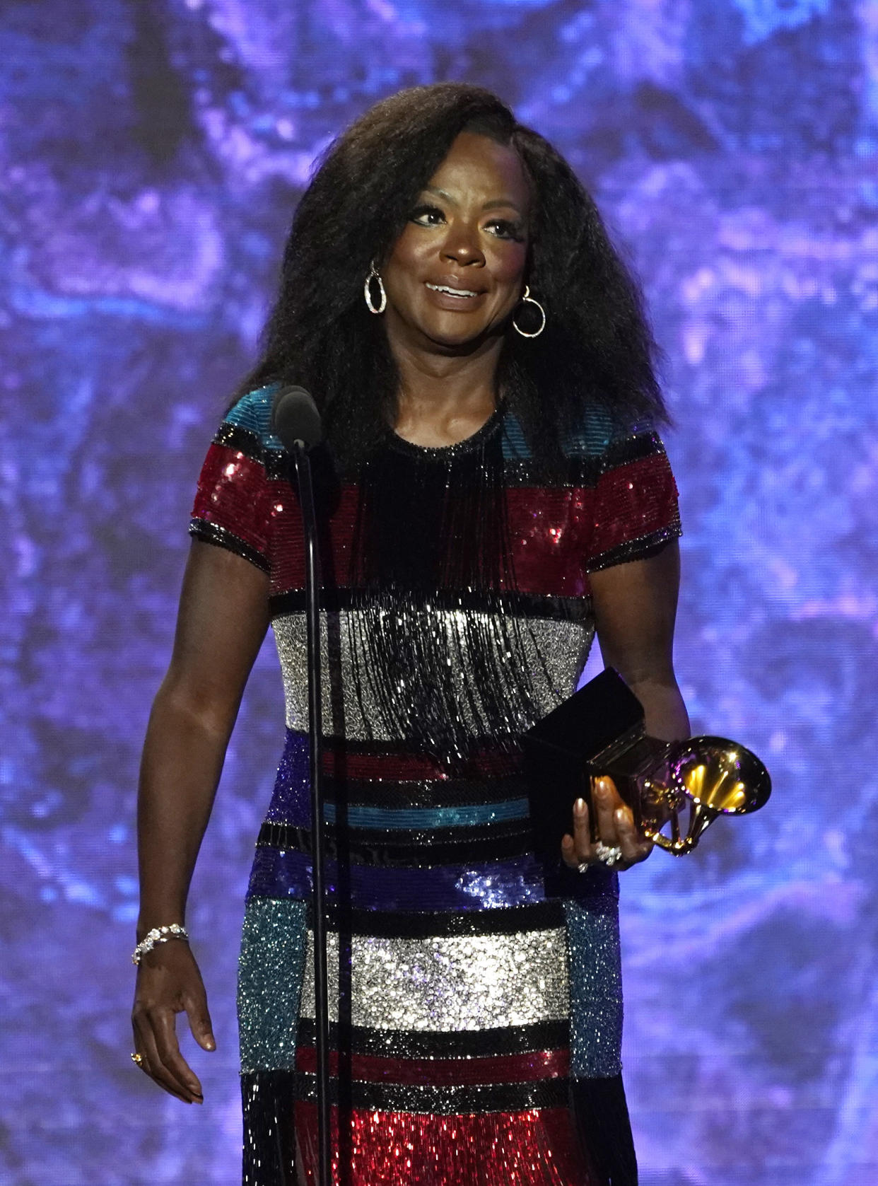 Viola Davis accepts the award for best audio book, narration, and storytelling recording for "Finding Me: A Memoir" at the 65th annual Grammy Awards on Sunday, Feb. 5, 2023, in Los Angeles. (AP Photo/Chris Pizzello)